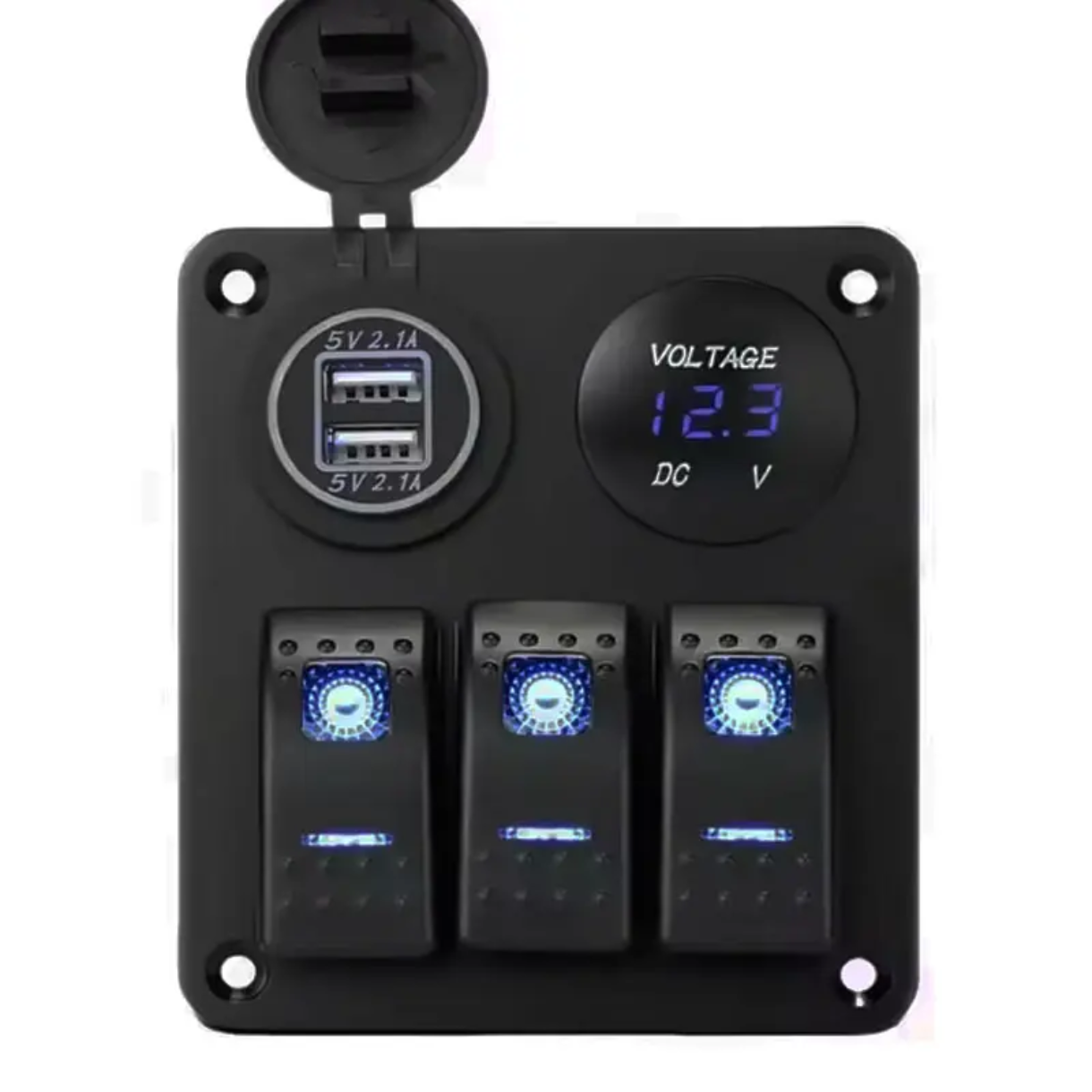 PANEL INTERRUPTOR 3 BOTONES + VOLTIMETRO/USB